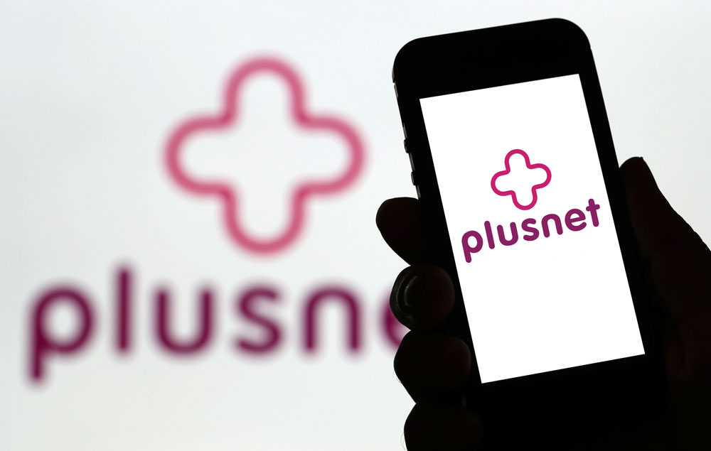 Plusnet mobile logo on a phone in someone's hand