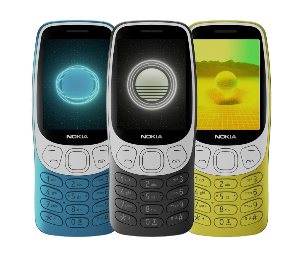 Nokia 3210 in scuba blue, grunge black and Y2K Gold