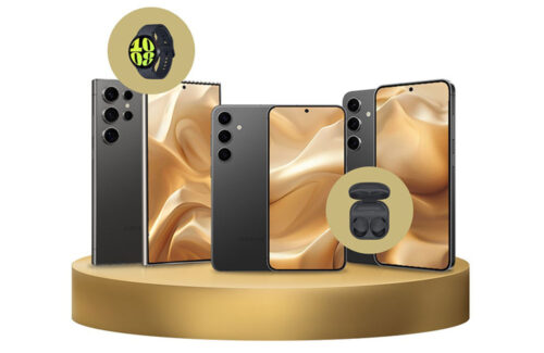 Samsung Galaxy S24 series with free gifts sitting on a gold podium