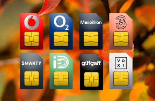 SIM cards from UK mobile operators on an autumnal background